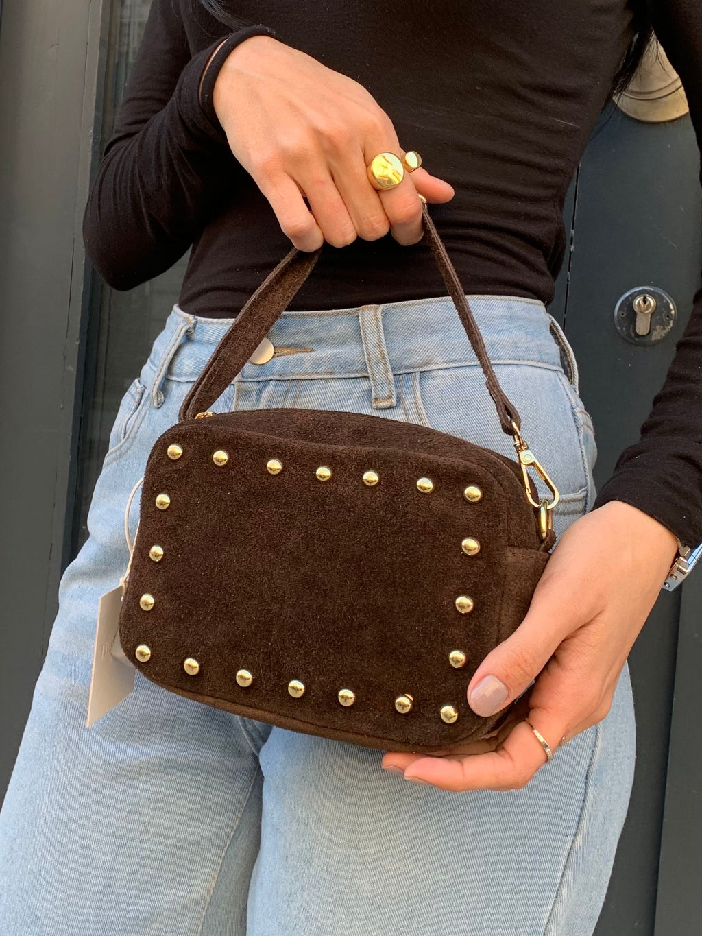 Studded Suede Crossbody Bag with Adjustable Strap