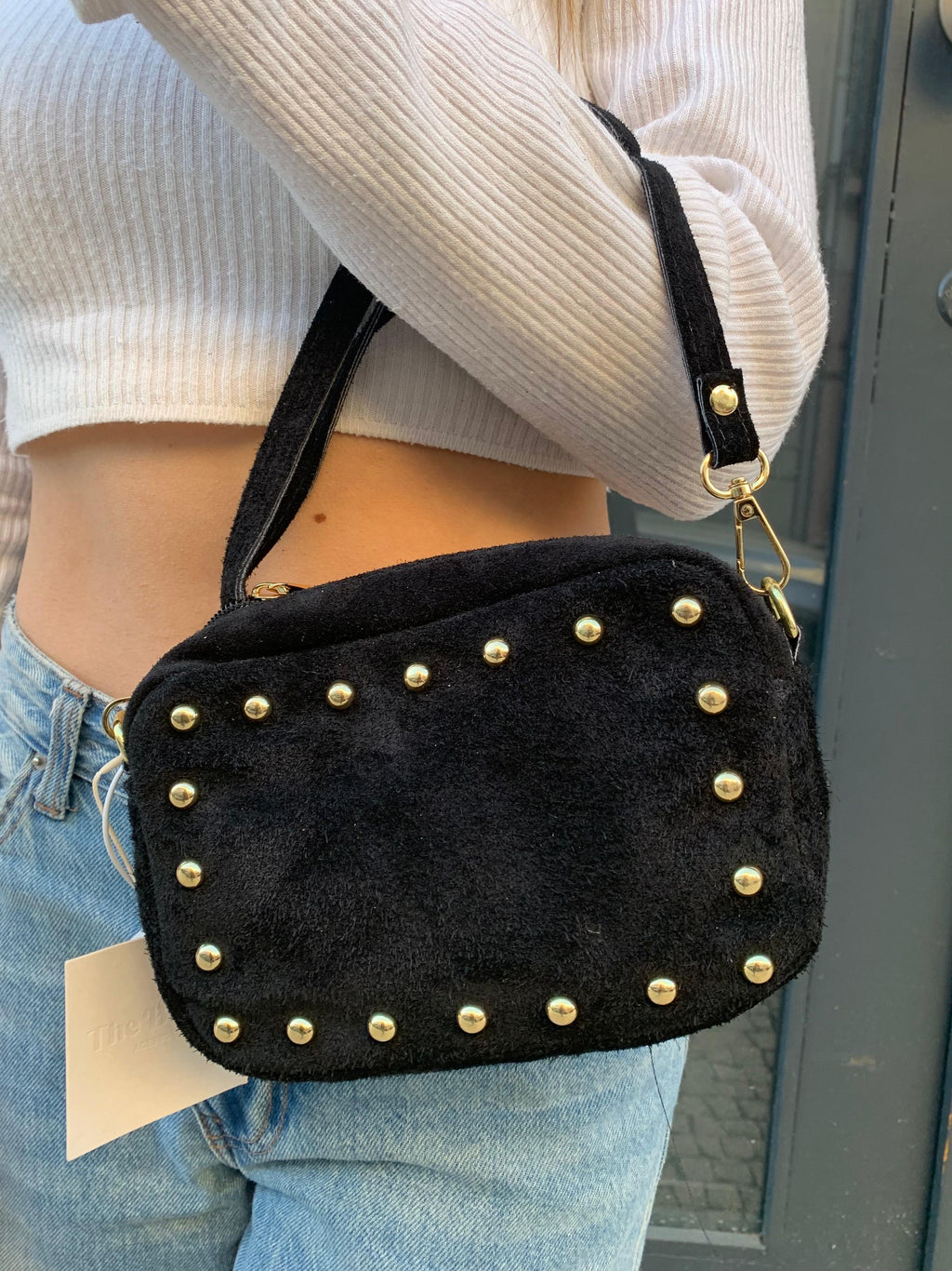 Studded Suede Crossbody Bag with Adjustable Strap