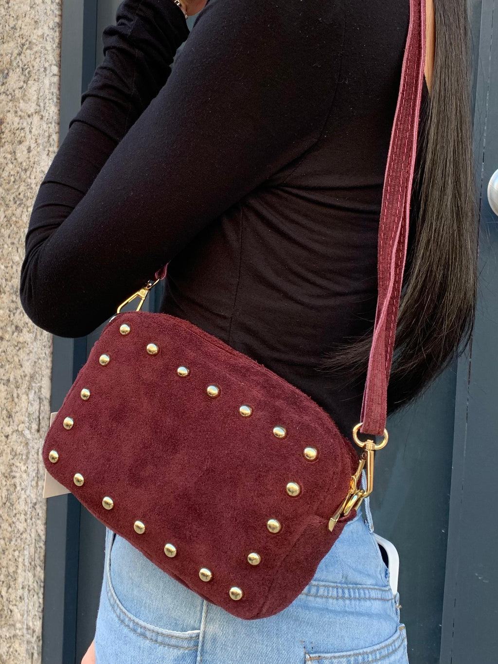 Studded Suede Crossbody Bag with Adjustable Strap