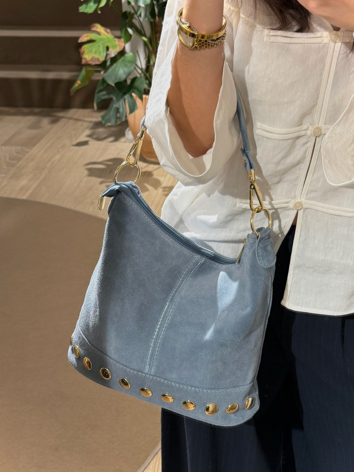 Studded Suede Slouch Bag