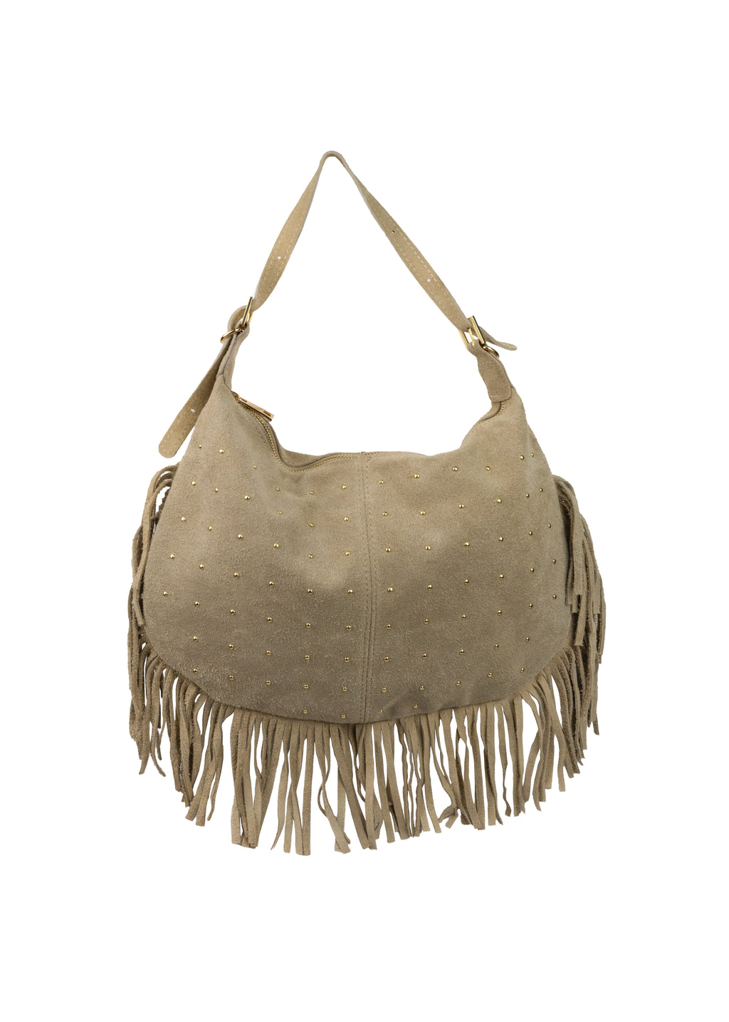 Studded Fringed Suede Shoulder Bag
