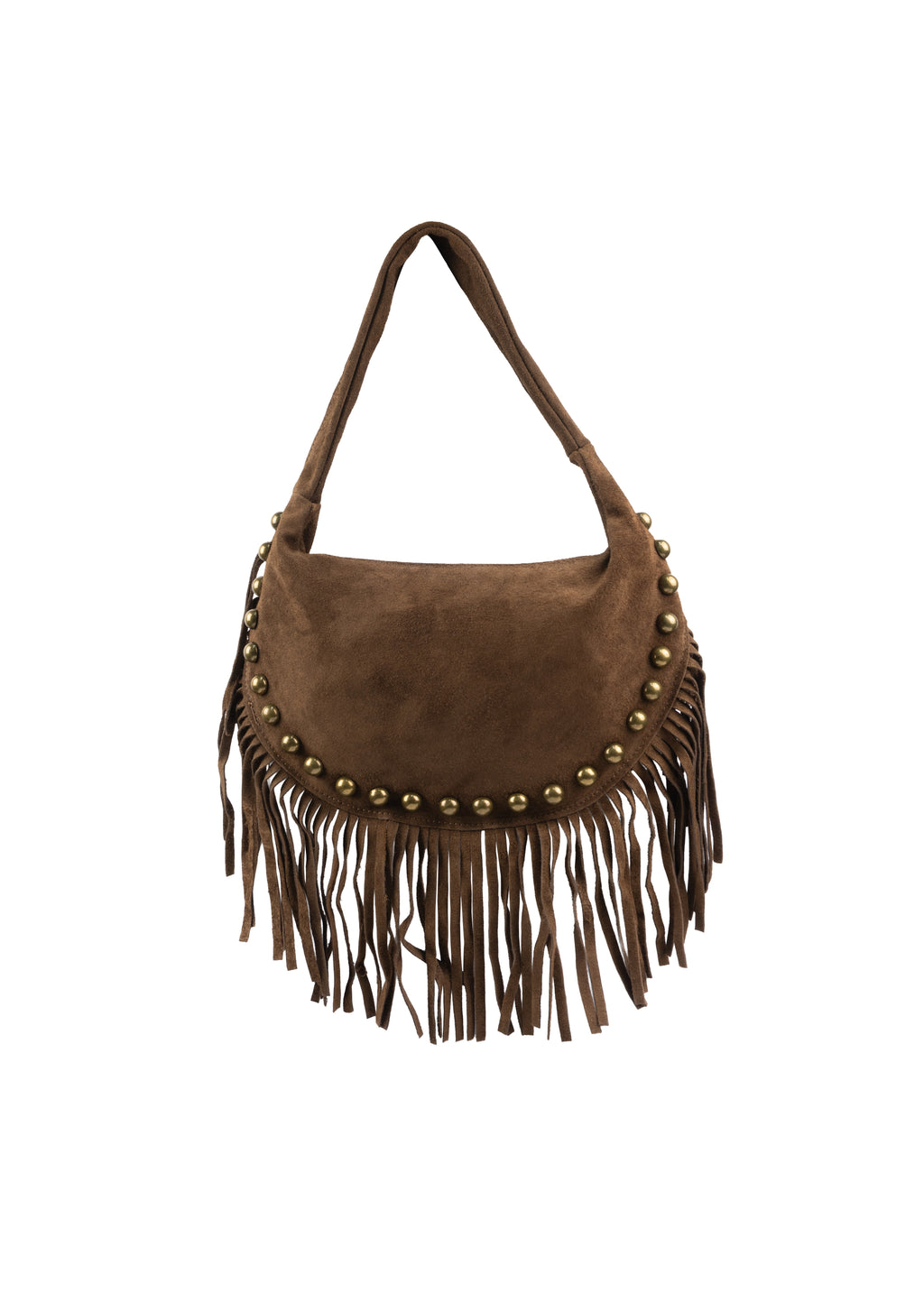 Half-Moon Studded Suede Fringe Shoulder Bag