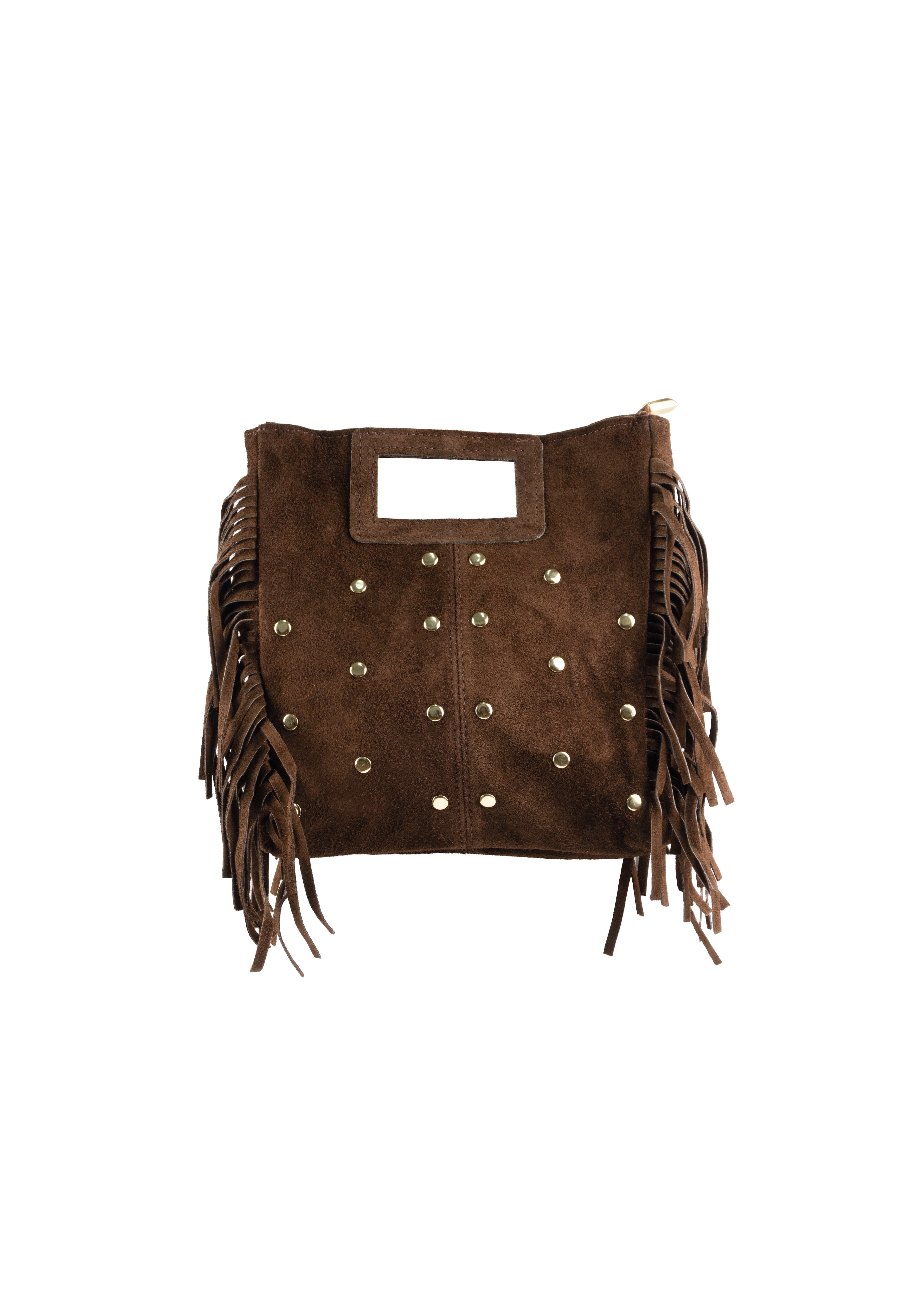 Square Studded Suede Bag with Fringe