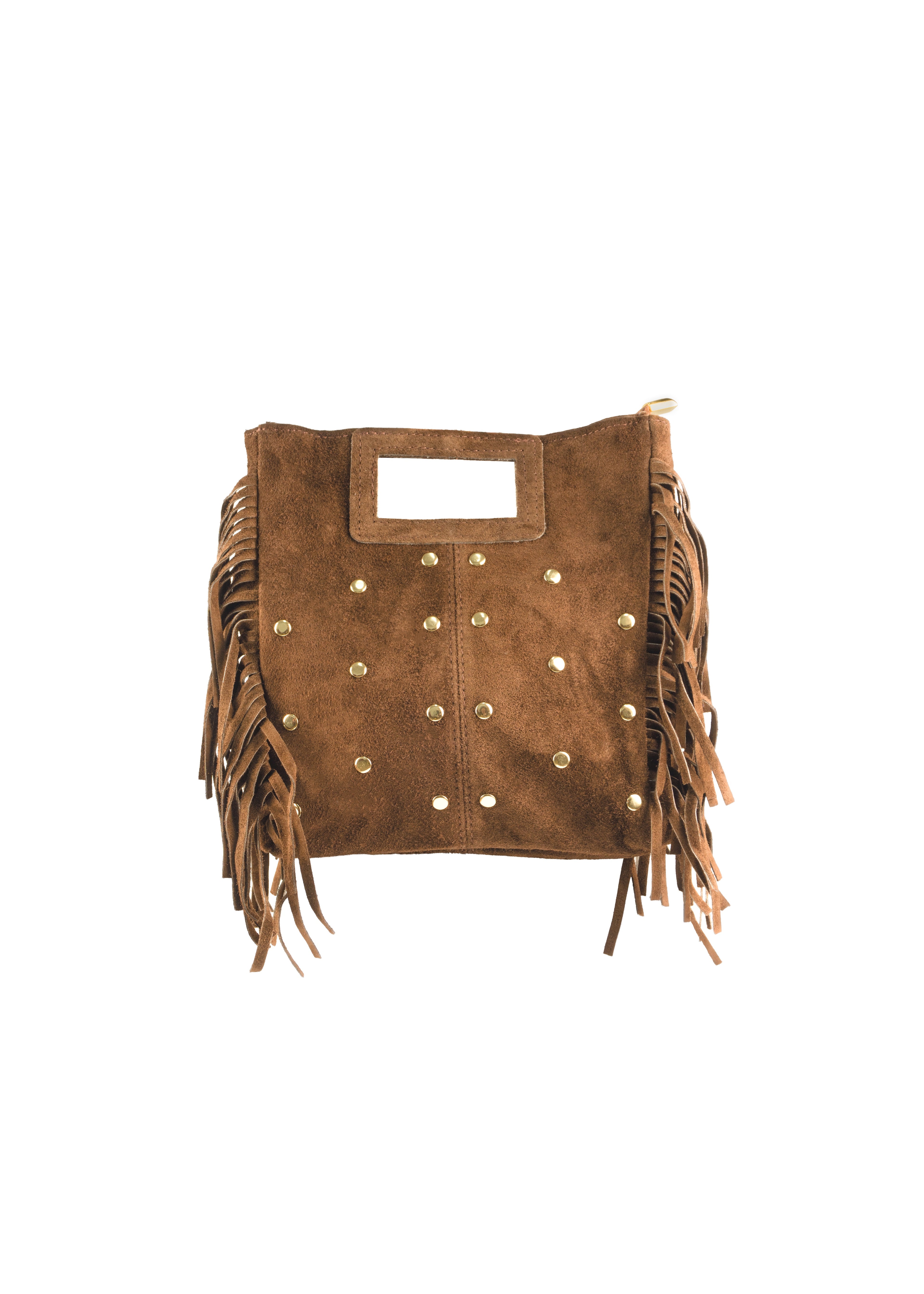 Square Studded Suede Bag with Fringe