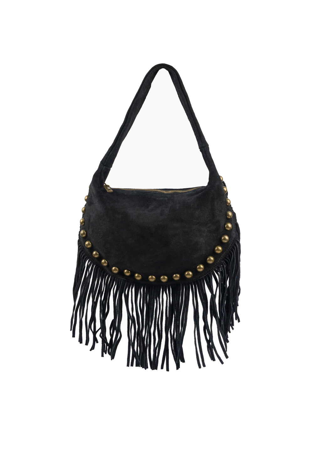 Half-Moon Studded Suede Fringe Shoulder Bag