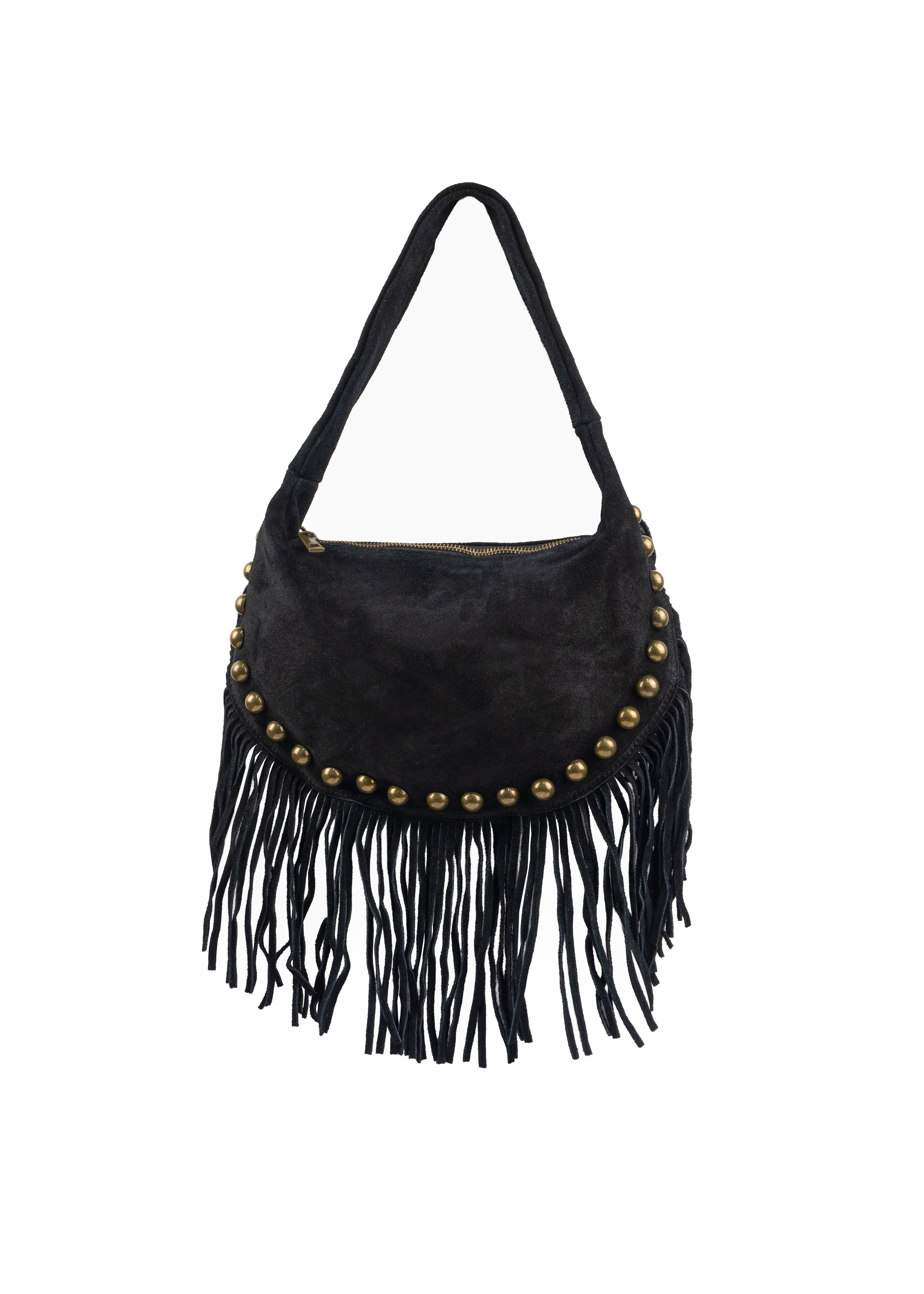 Half-Moon Studded Suede Fringe Shoulder Bag