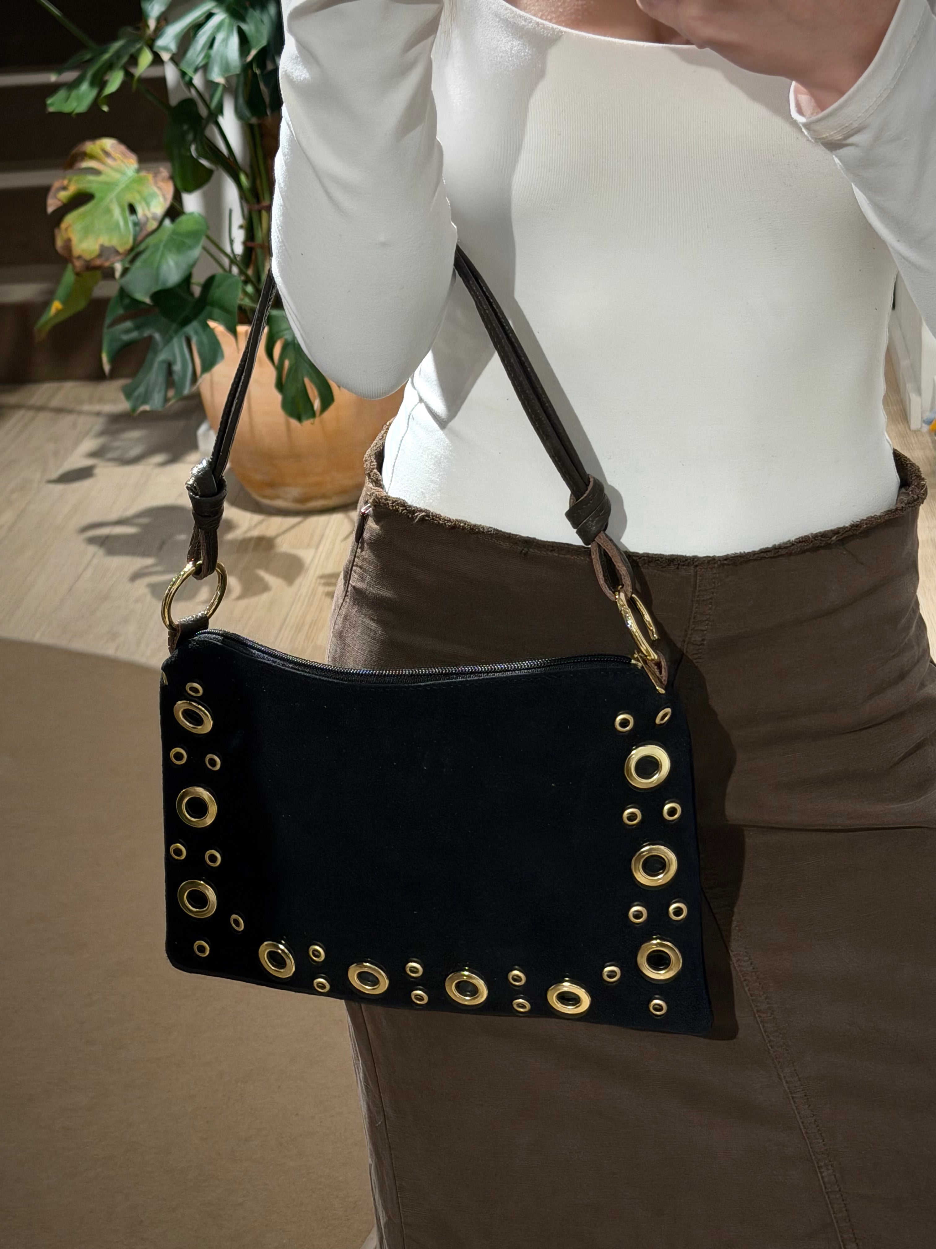 Studded Suede Shoulder Bag with Leather Strap