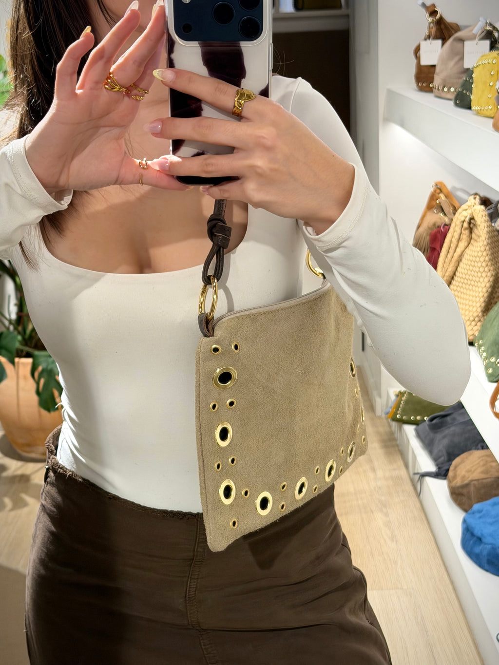 Studded Suede Shoulder Bag with Leather Strap