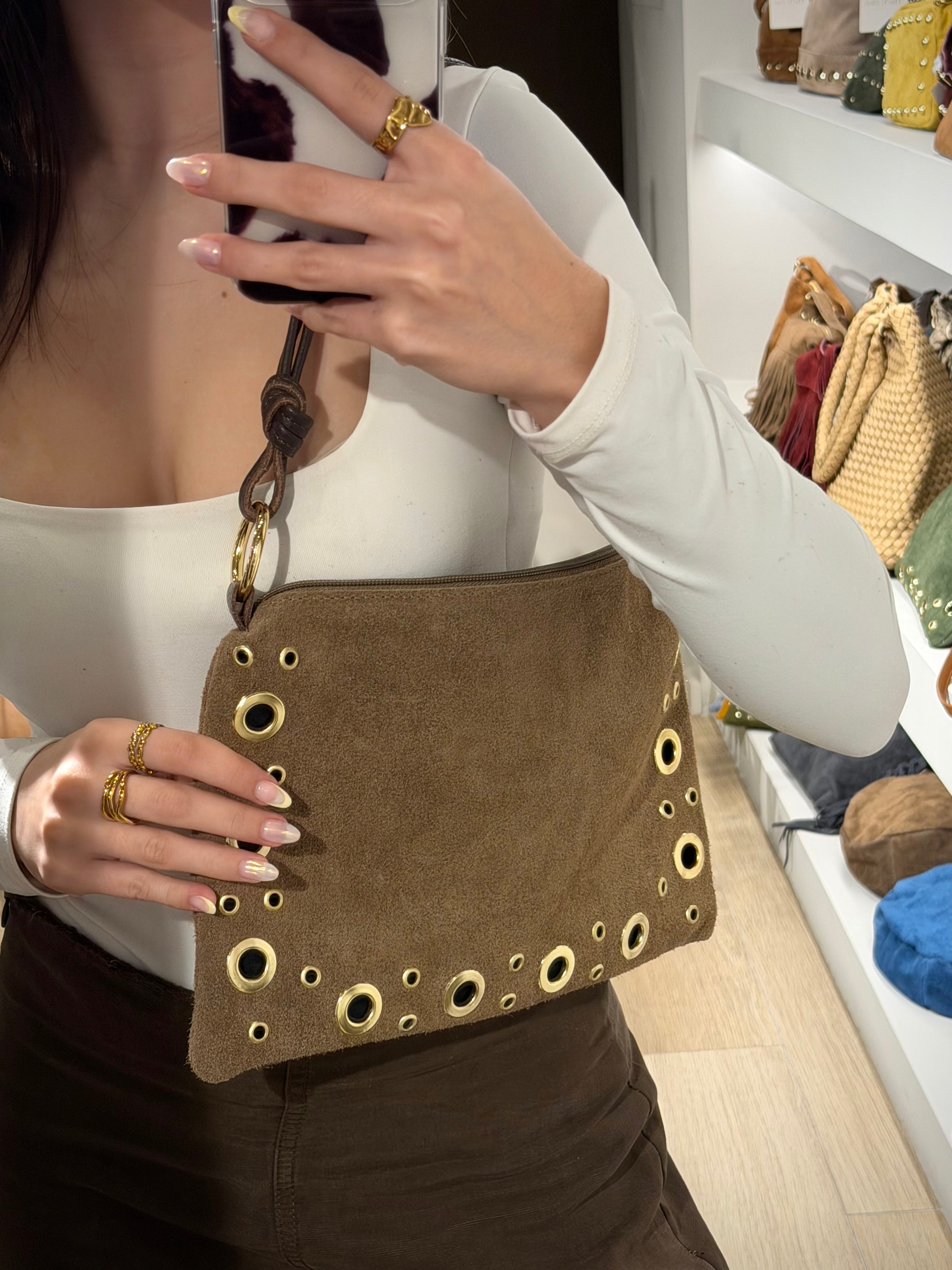 Studded Suede Shoulder Bag with Leather Strap