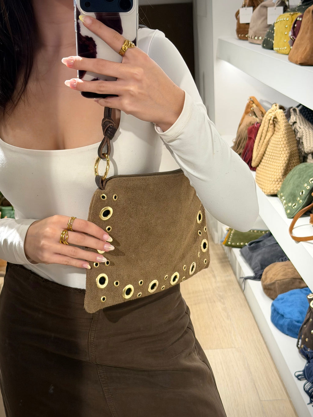 Studded Suede Shoulder Bag with Leather Strap