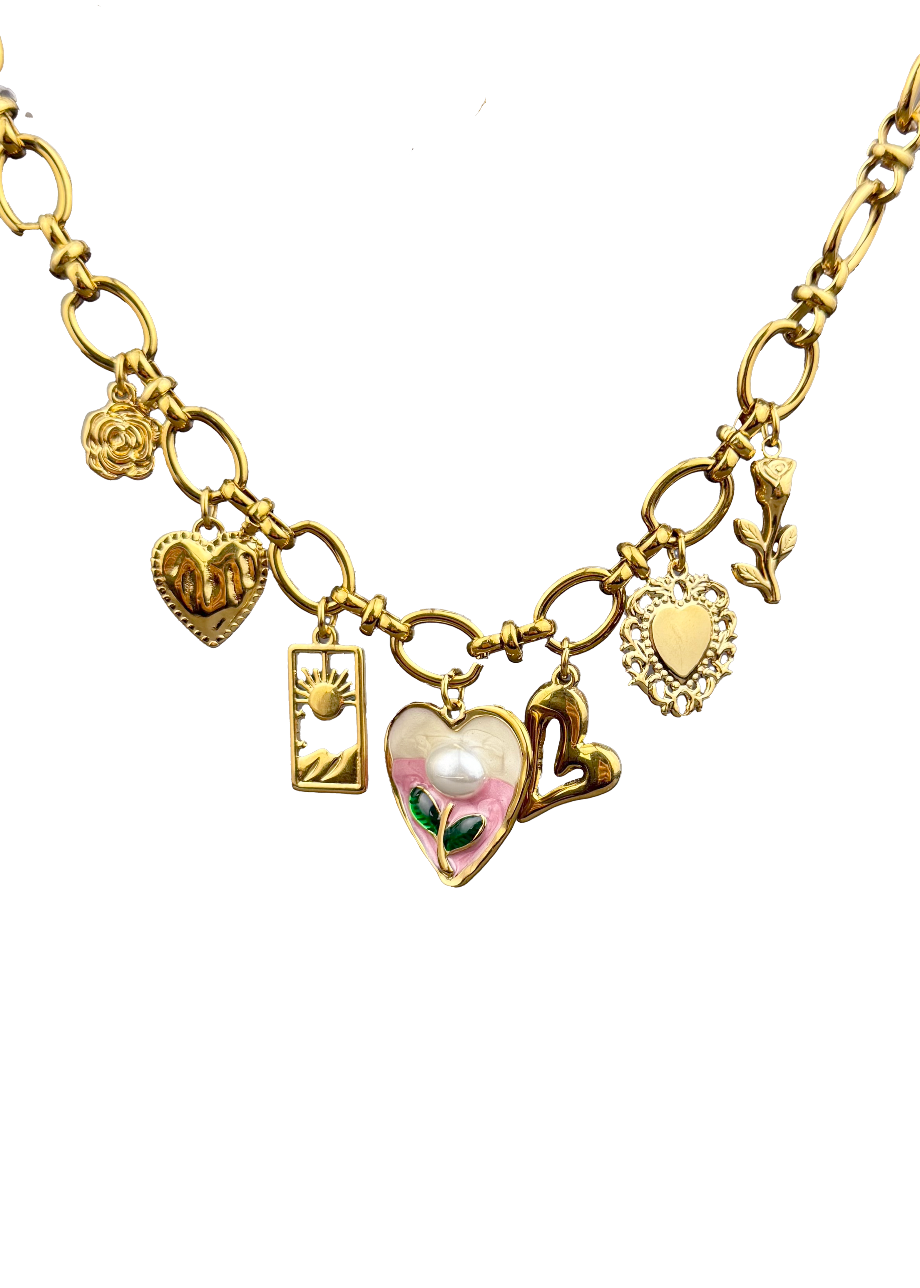 Charm Chain Necklace with Heart & Pearl Detail