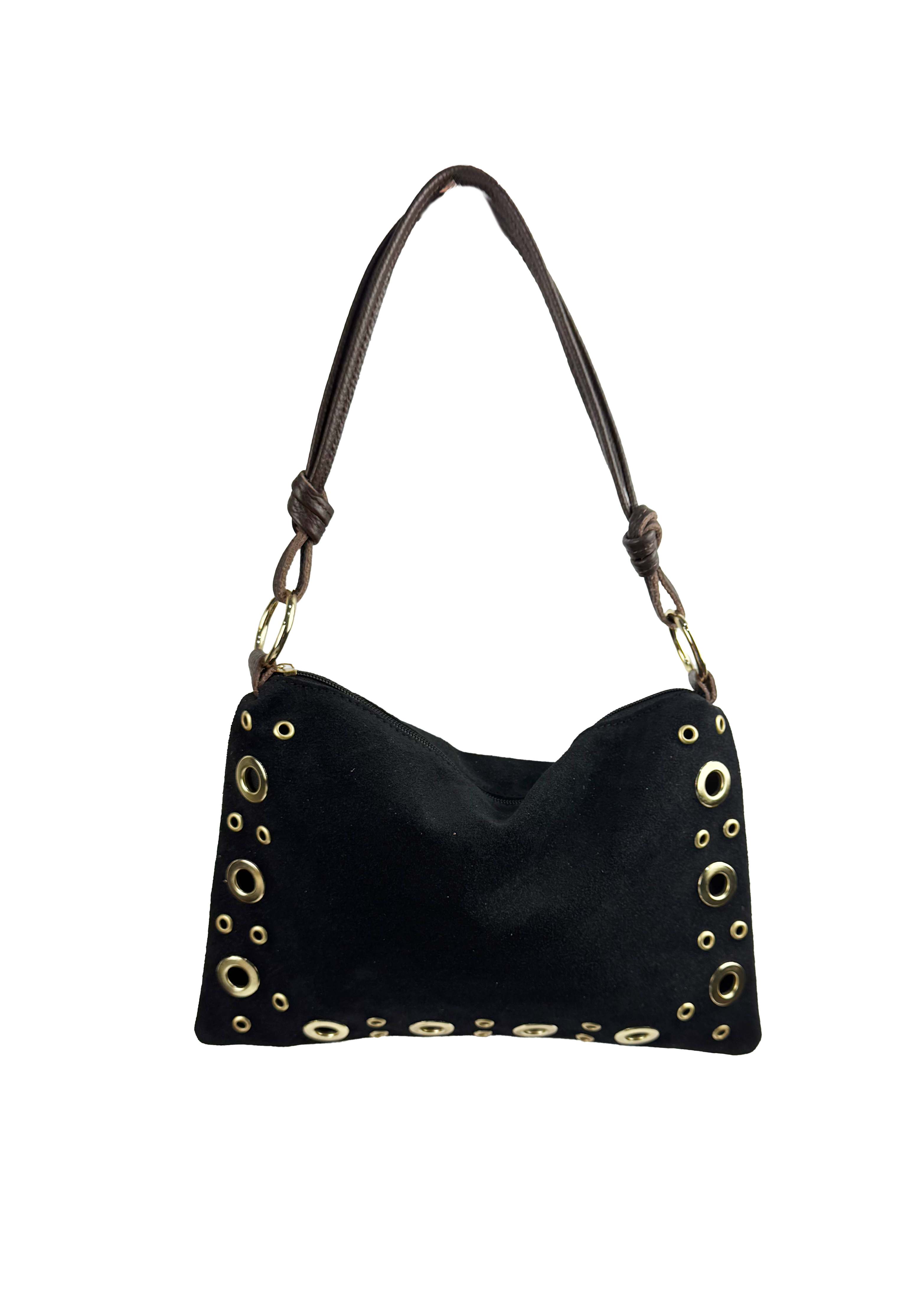 Studded Suede Shoulder Bag with Leather Strap