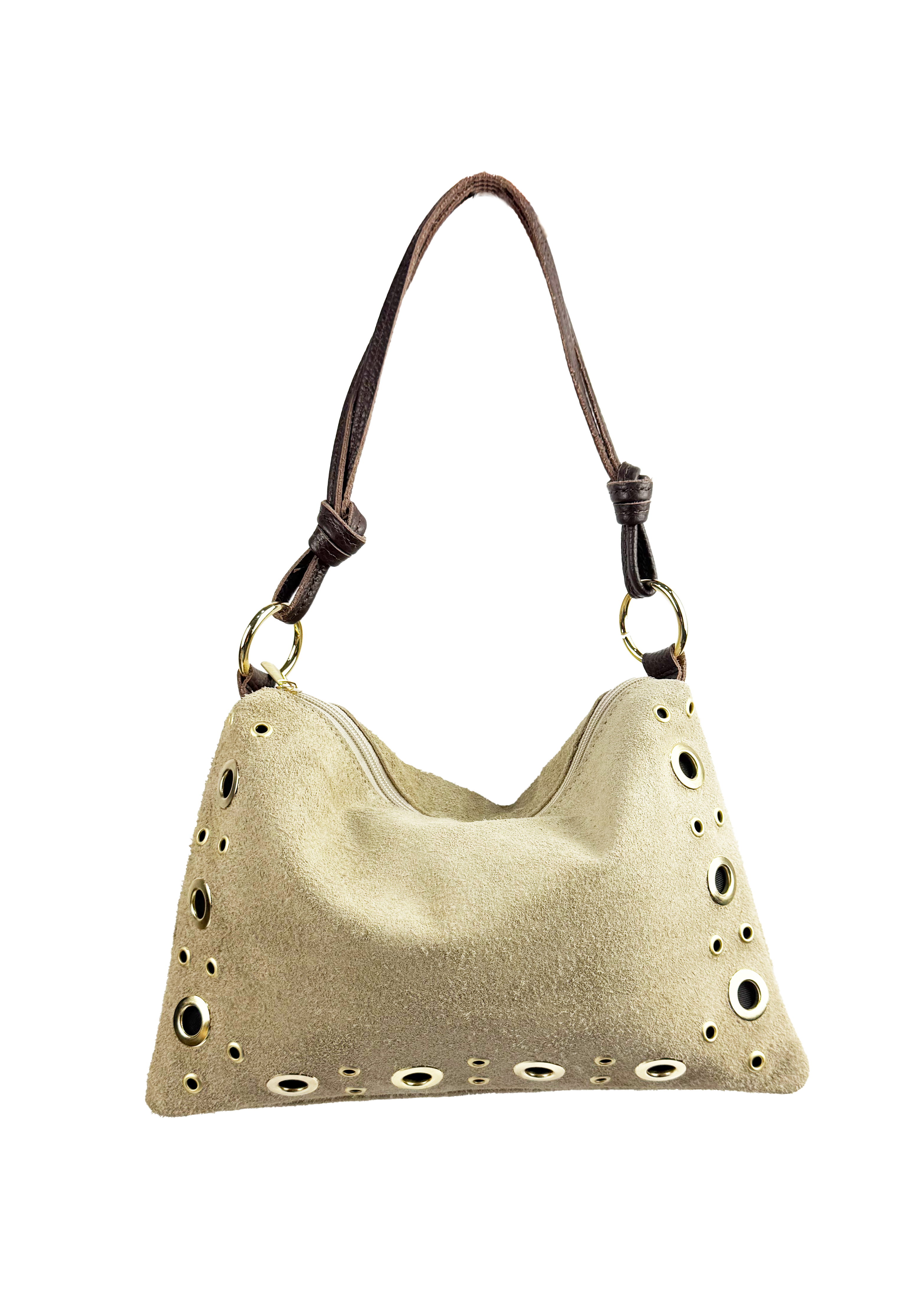 Studded Suede Shoulder Bag with Leather Strap