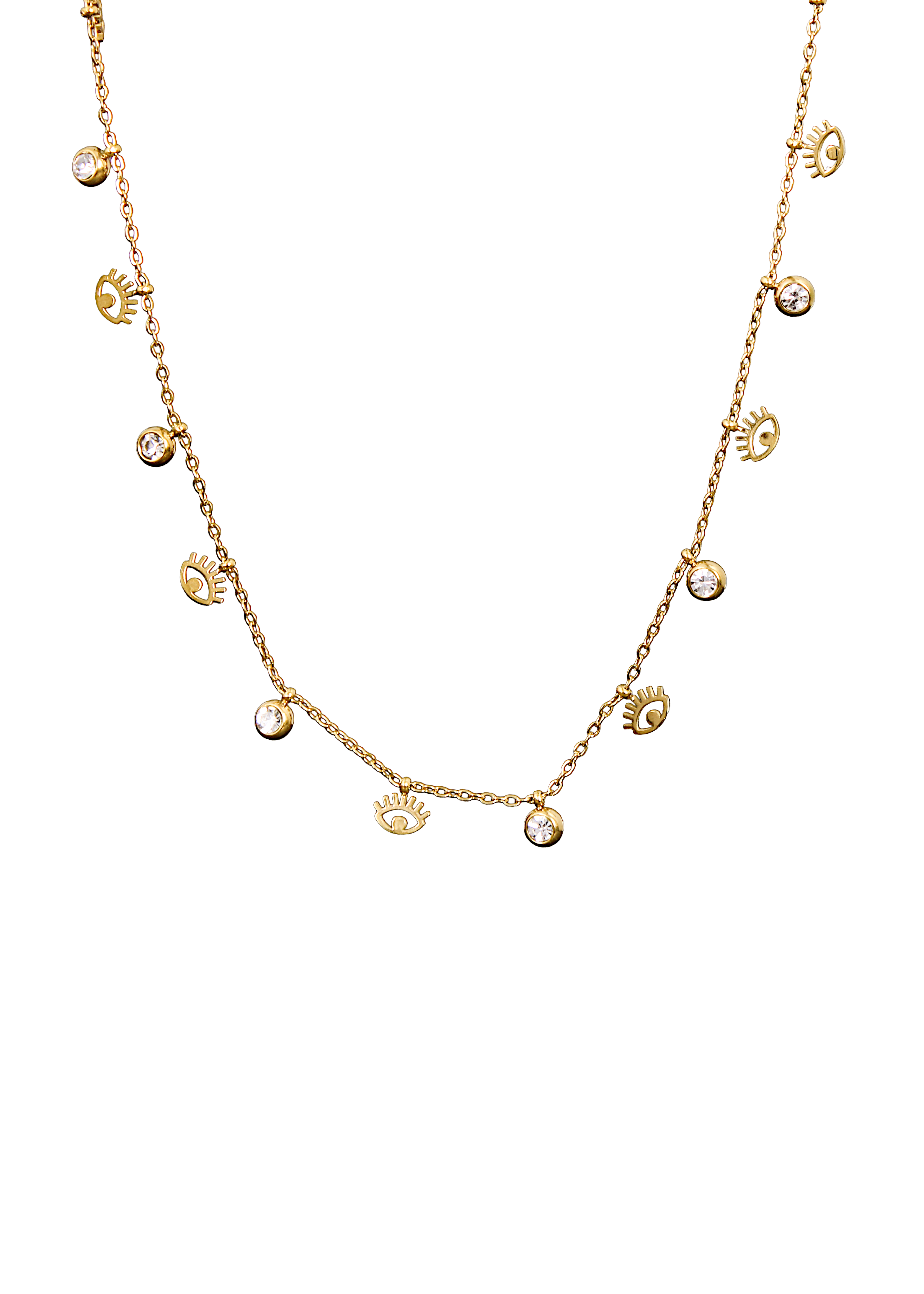 Evil Eye Charm & Crystal Drop Necklace – Gold Tone