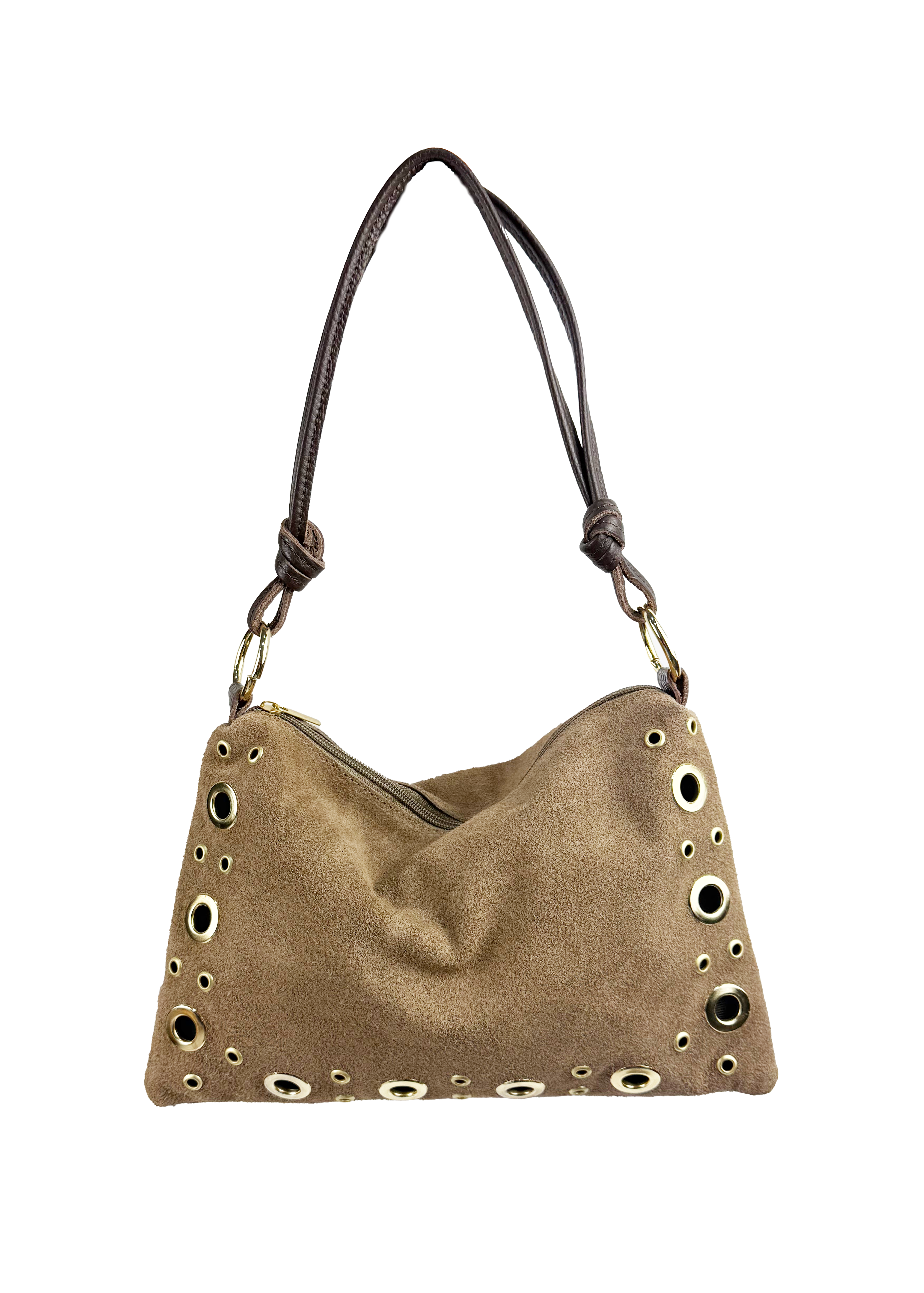 Studded Suede Shoulder Bag with Leather Strap